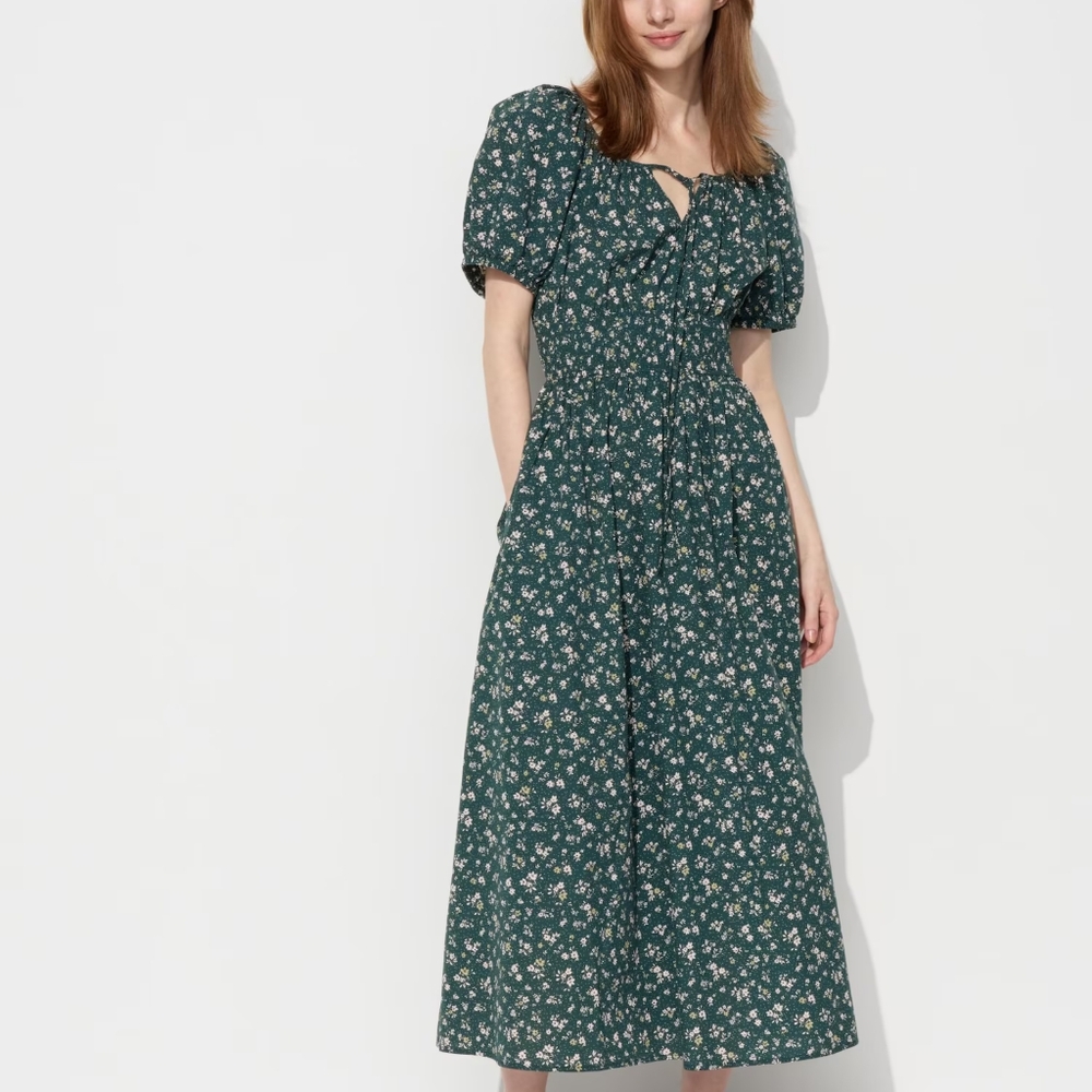 UNIQLO Volume Sleeve Dress | Green Printed - Size Large - From Japan